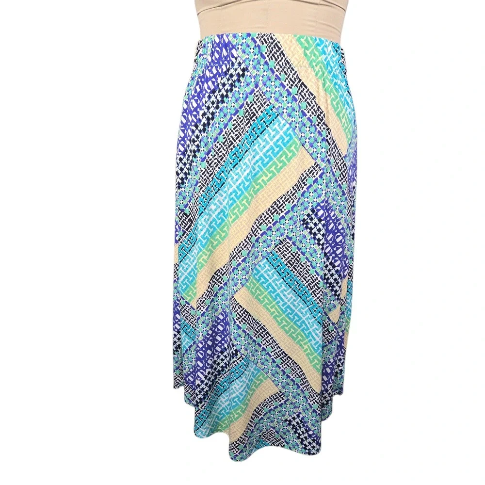 Chicos Geometric Mosaic Maxi Skirt Blue Teal Purple Women Size 2 Large Stretch